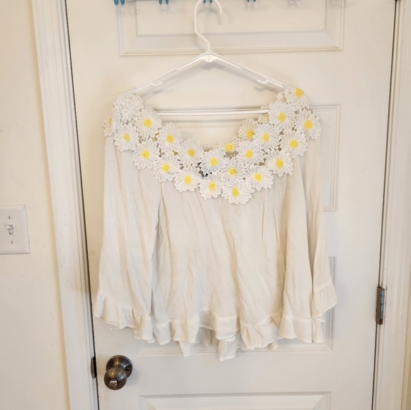 Tops - Womens Judith March Mid Sleeve White Blouse Floral Daisys Size L Boho #P269